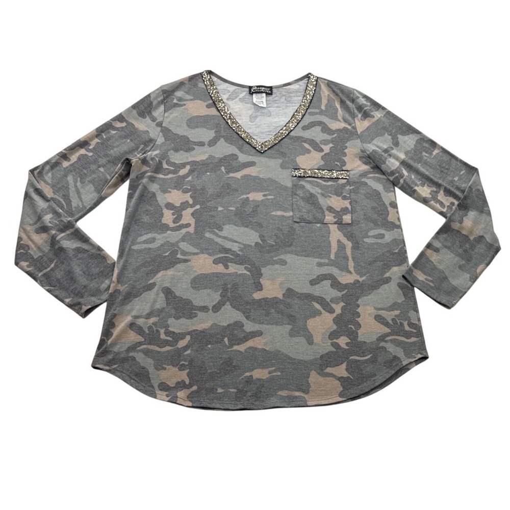 Gameday Couture Camo Sequin Trim Long Sleeve Top Women's XL Made In USA